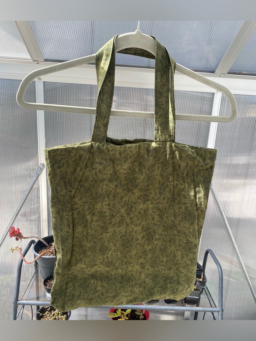 Handmade Olive Green Leaf Floral Print Lined Travel Tote Bag